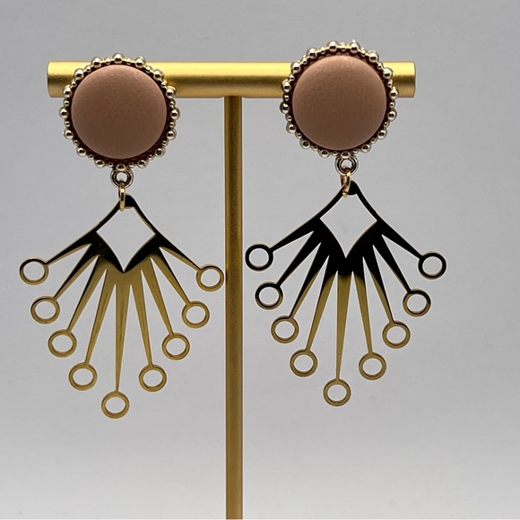 Gold & Pink Art Nouveau-Inspired Dangle Earrings - Trendy Retro Earrings - Picture 11 of 12